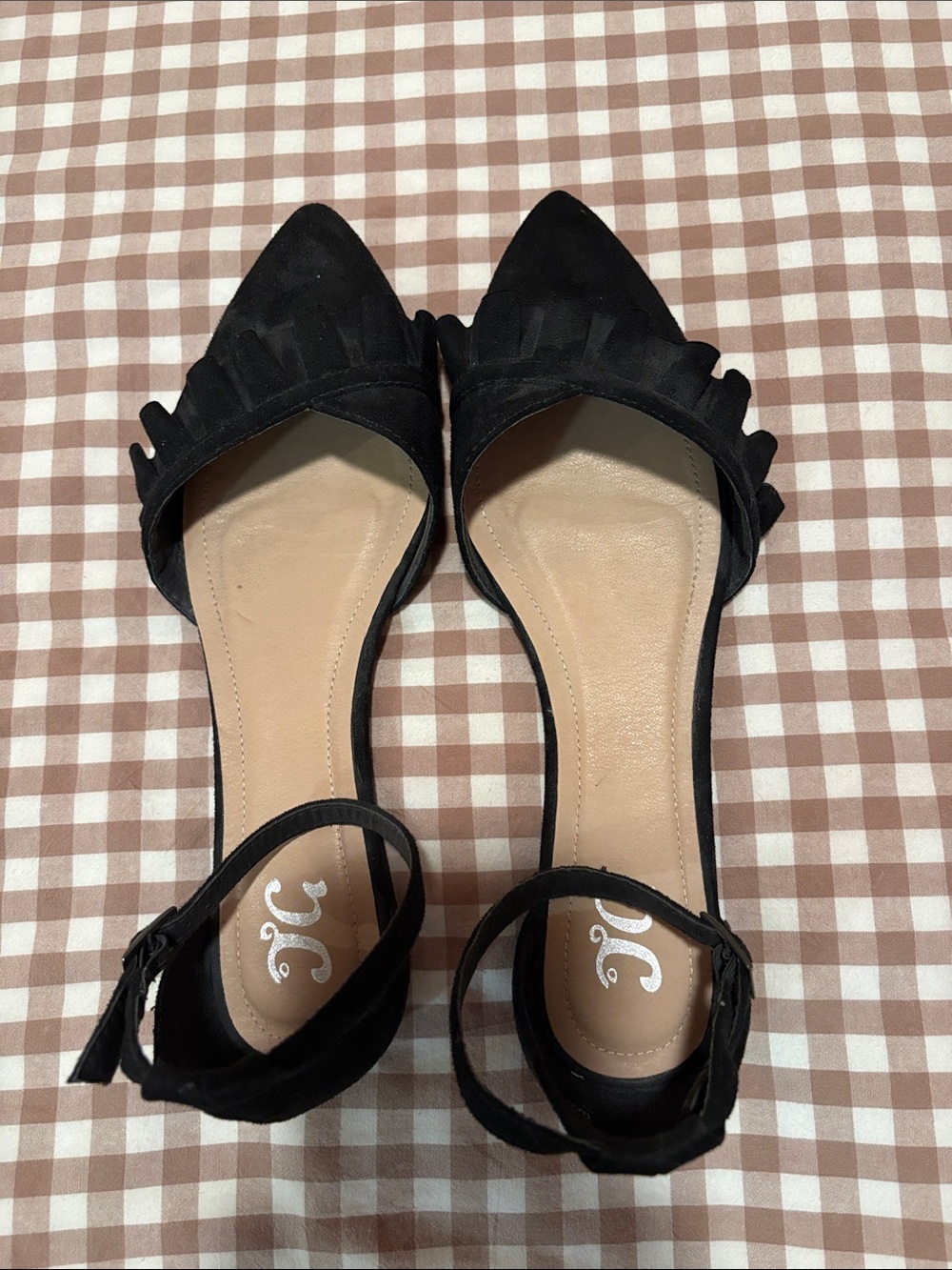 Black Pointed Toe Ruffle Ankle-Strap Flats